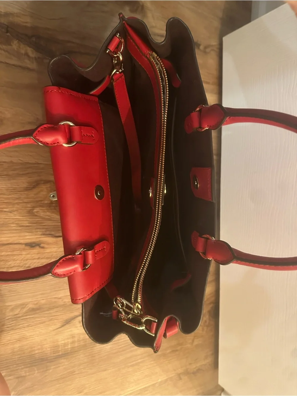 Michael Kors Red Leather Satchel with Gold Chain and Stud Accents